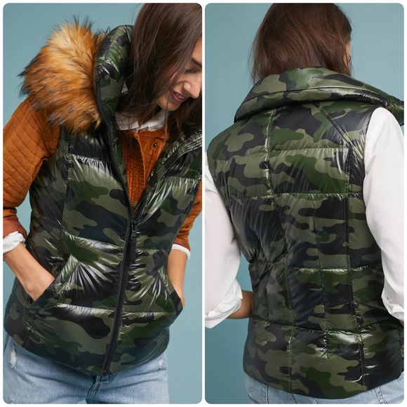 S13 Faux Fur Camo Green Snowcat Down Vest - Picture 1 of 16